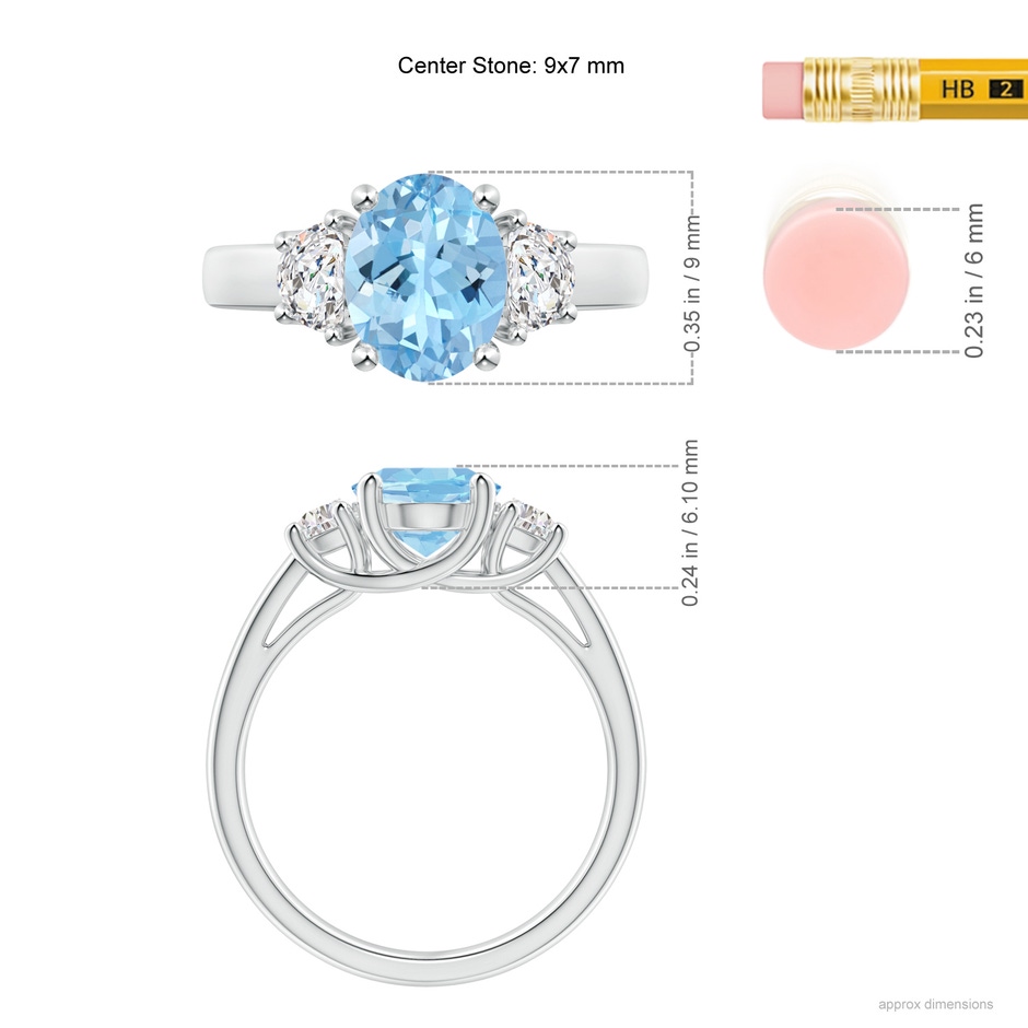 9x7mm AAAA Three Stone Oval Aquamarine and Half Moon Diamond Ring in P950 Platinum ruler