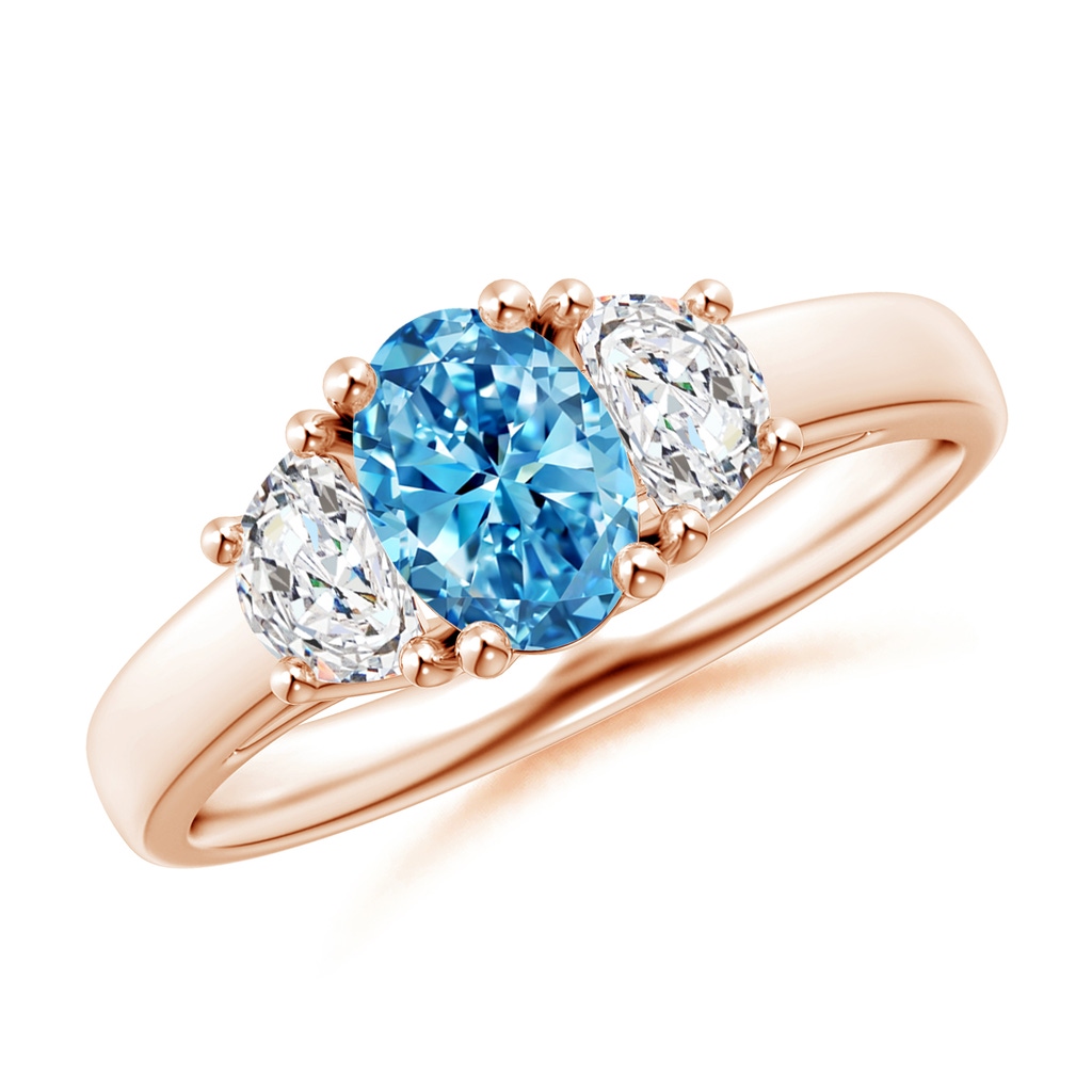 7x5mm AAAA Three Stone Oval Fancy Intense Blue and Half Moon White Diamond Ring in Rose Gold