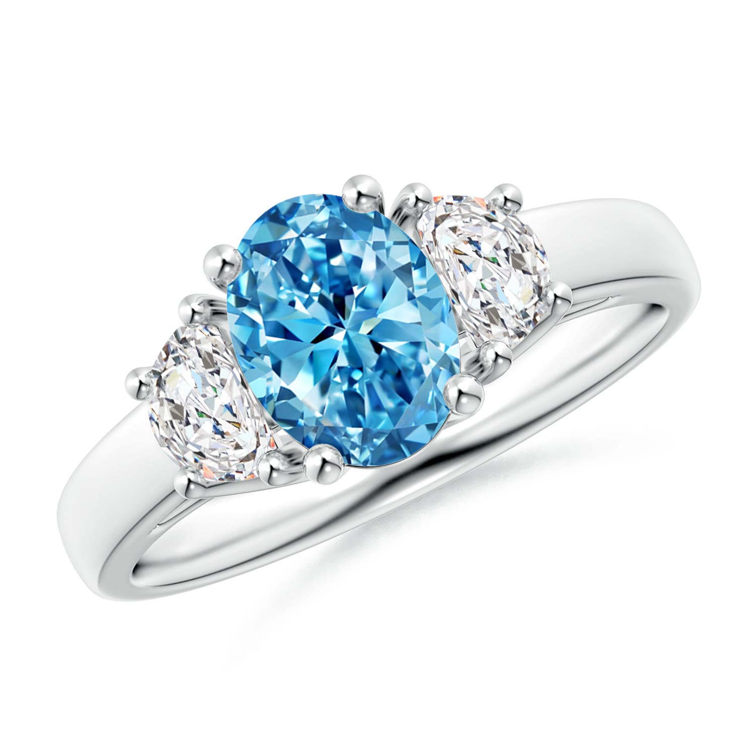 Angara 1.53 CTW Three Stone Oval Fancy Intense Blue and Half Moon White Diamond Engagement Ring in 18K White Gold
