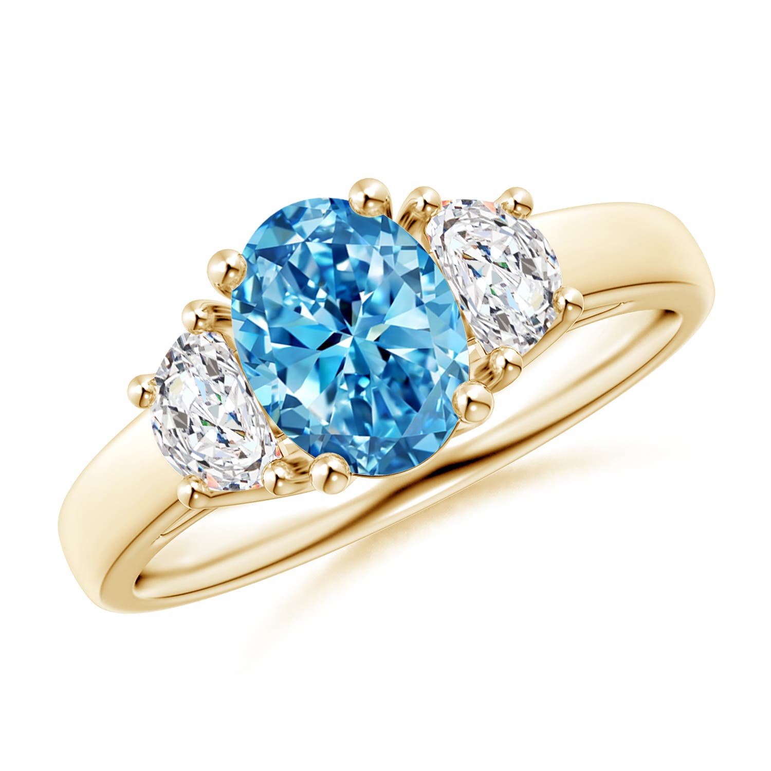 Angara 1.53 CTW Three Stone Oval Fancy Intense Blue and Half Moon White Diamond Engagement Ring in 18K Yellow Gold