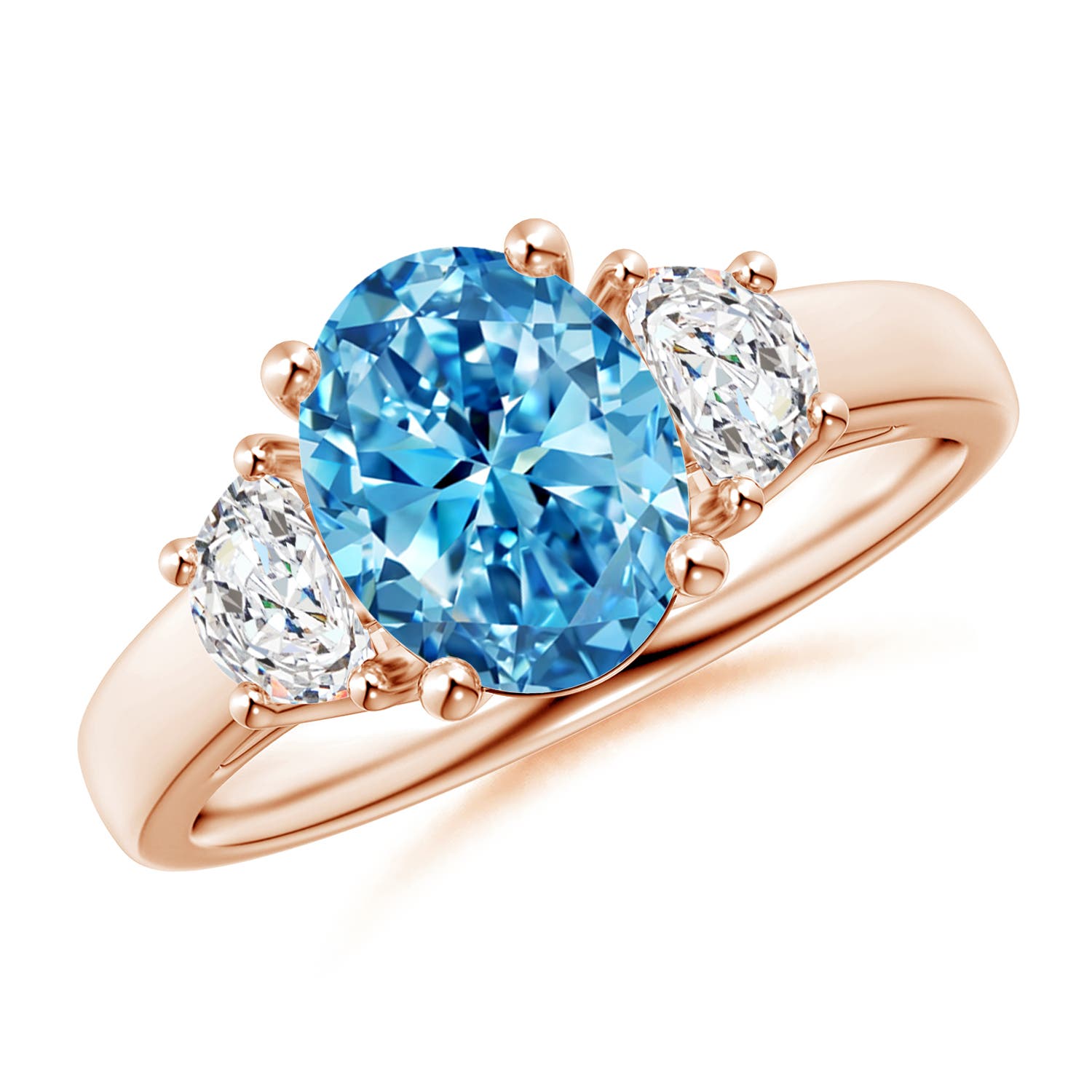 Angara 2.22 CTW Three Stone Oval Fancy Intense Blue and Half Moon White Diamond Engagement Ring in 14K Rose Gold