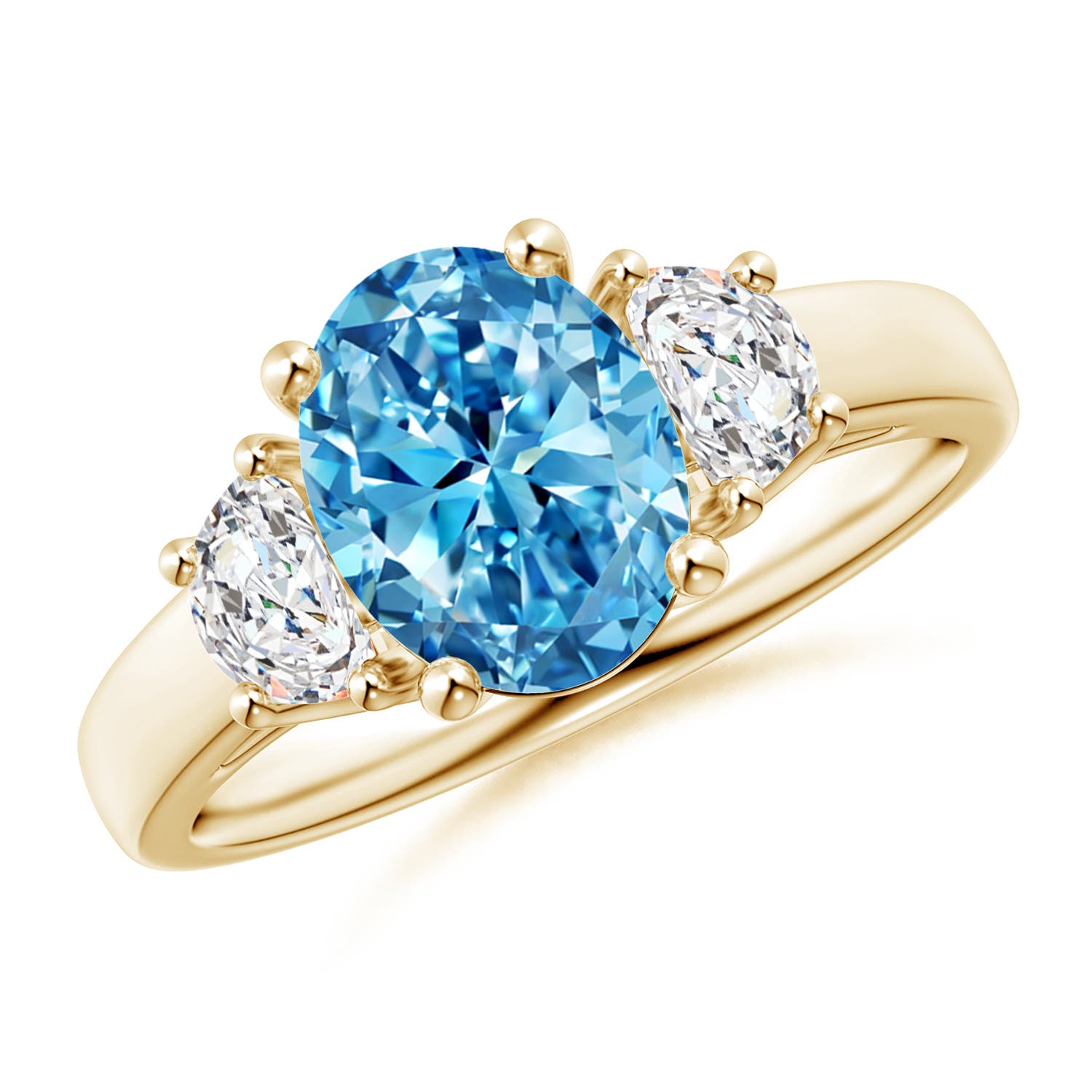Angara 2.22 CTW Three Stone Oval Fancy Intense Blue and Half Moon White Diamond Engagement Ring in 14K Yellow Gold