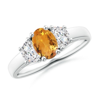 7x5mm AA Three Stone Oval Citrine and Half Moon Diamond Ring in White Gold