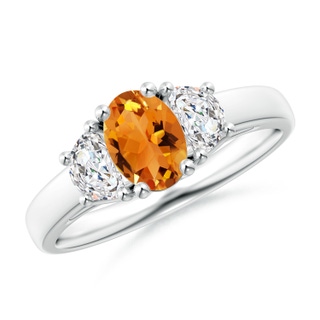 7x5mm AAA Three Stone Oval Citrine and Half Moon Diamond Ring in White Gold