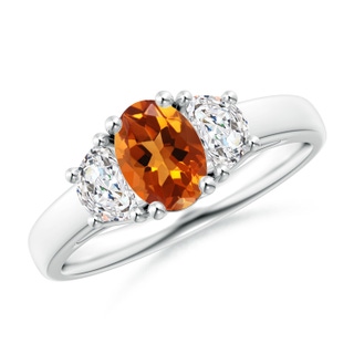 7x5mm AAAA Three Stone Oval Citrine and Half Moon Diamond Ring in White Gold