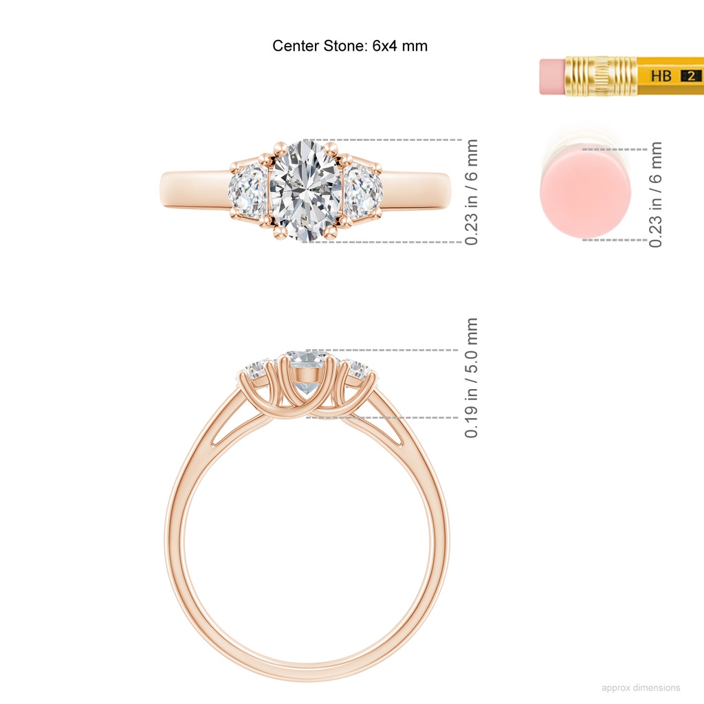 6x4mm HSI2 Oval and Half Moon Diamond Three Stone Ring in Rose Gold ruler