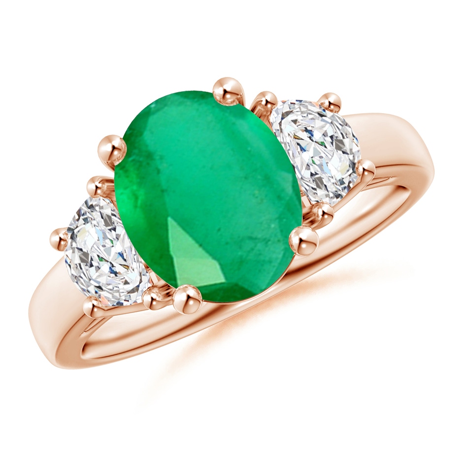 10x8mm A Three Stone Oval Emerald and Half Moon Diamond Ring in Rose Gold 
