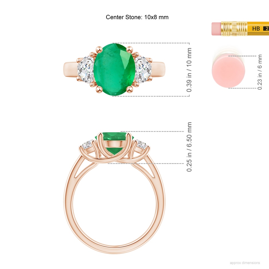 10x8mm A Three Stone Oval Emerald and Half Moon Diamond Ring in Rose Gold ruler