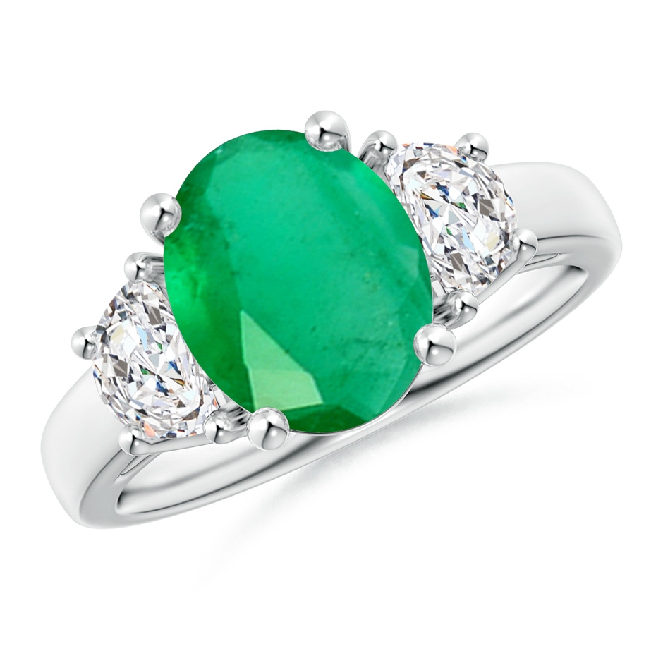 10x8mm A Three Stone Oval Emerald and Half Moon Diamond Ring in White Gold 