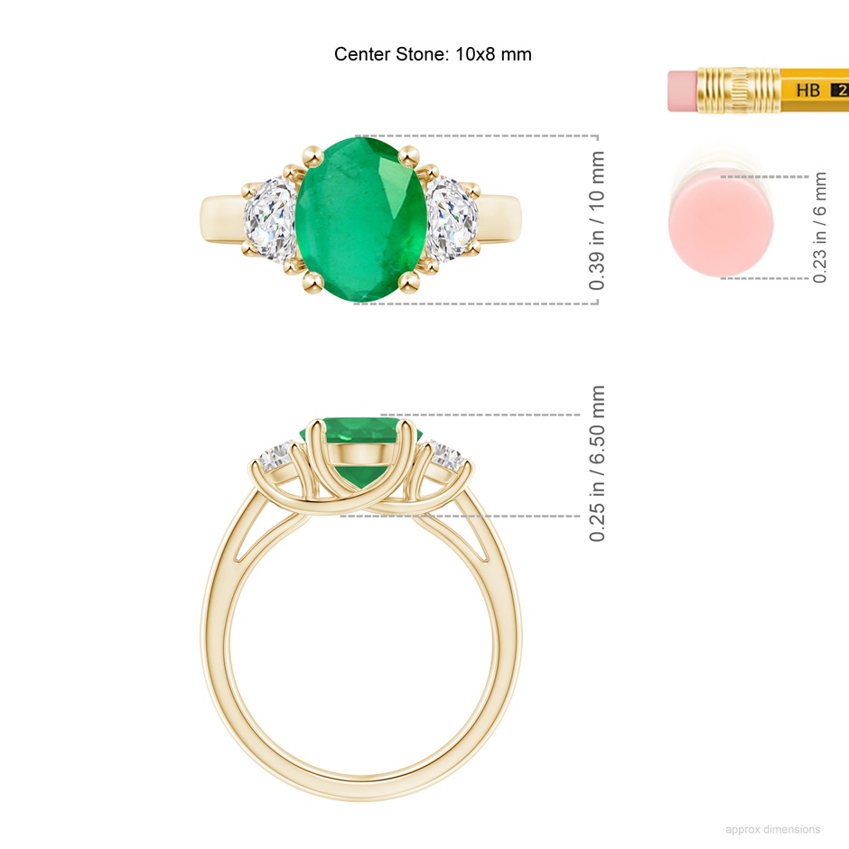 10x8mm A Three Stone Oval Emerald and Half Moon Diamond Ring in Yellow Gold ruler