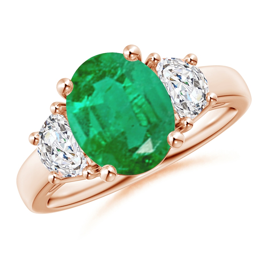 10x8mm AA Three Stone Oval Emerald and Half Moon Diamond Ring in Rose Gold 