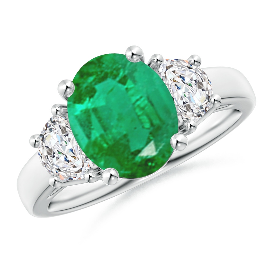 10x8mm AA Three Stone Oval Emerald and Half Moon Diamond Ring in White Gold 