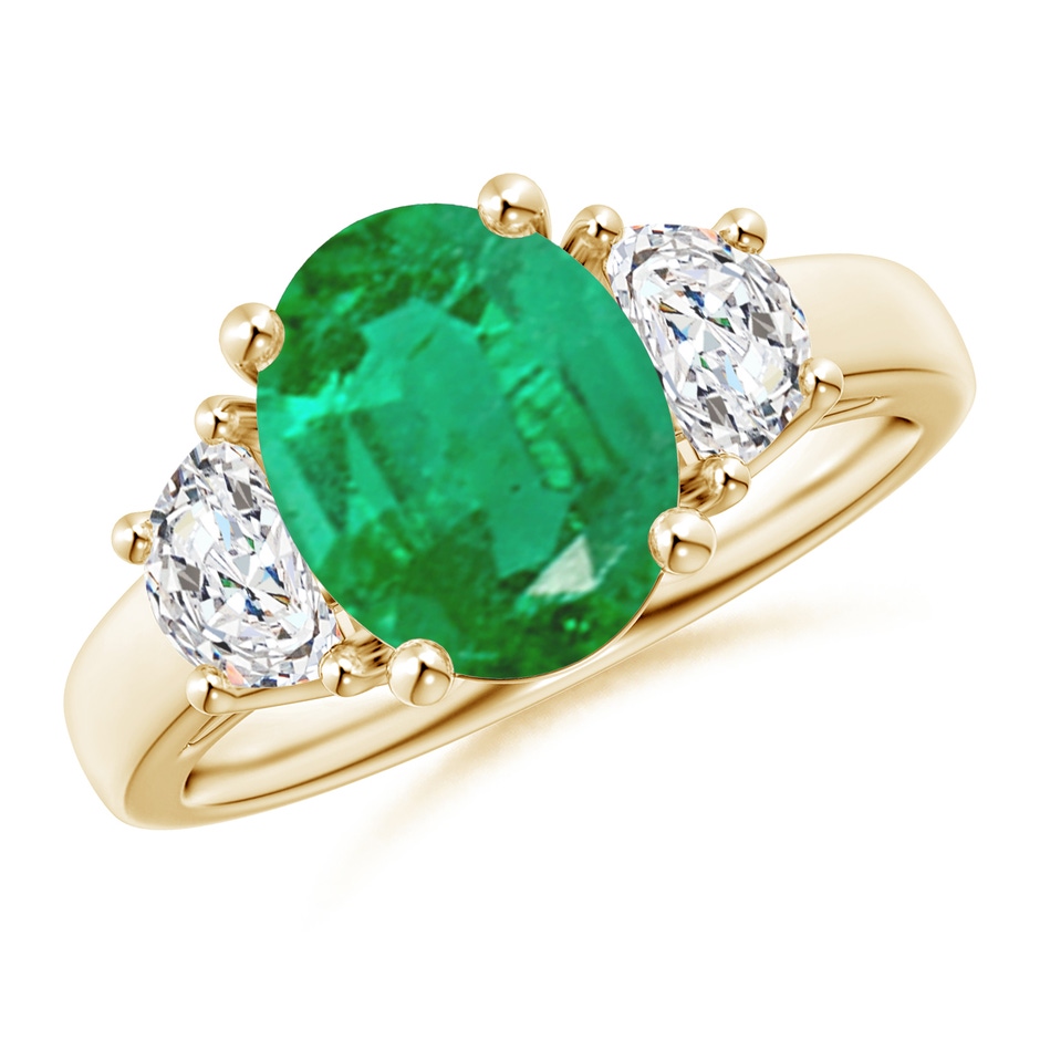 10x8mm AA Three Stone Oval Emerald and Half Moon Diamond Ring in Yellow Gold 