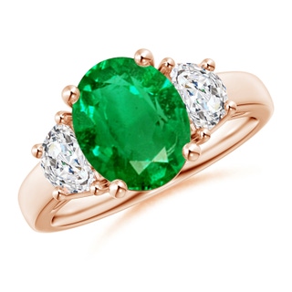 10x8mm AAA Three Stone Oval Emerald and Half Moon Diamond Ring in 9K Rose Gold