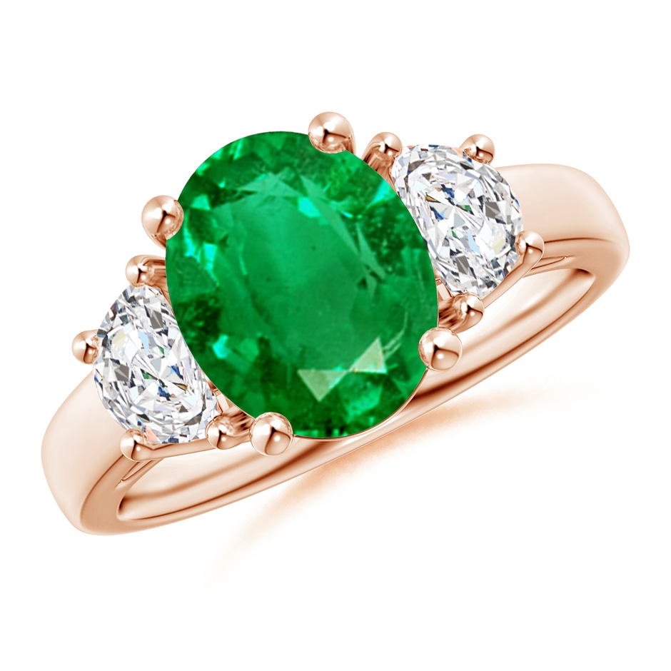 10x8mm AAA Three Stone Oval Emerald and Half Moon Diamond Ring in Rose Gold 
