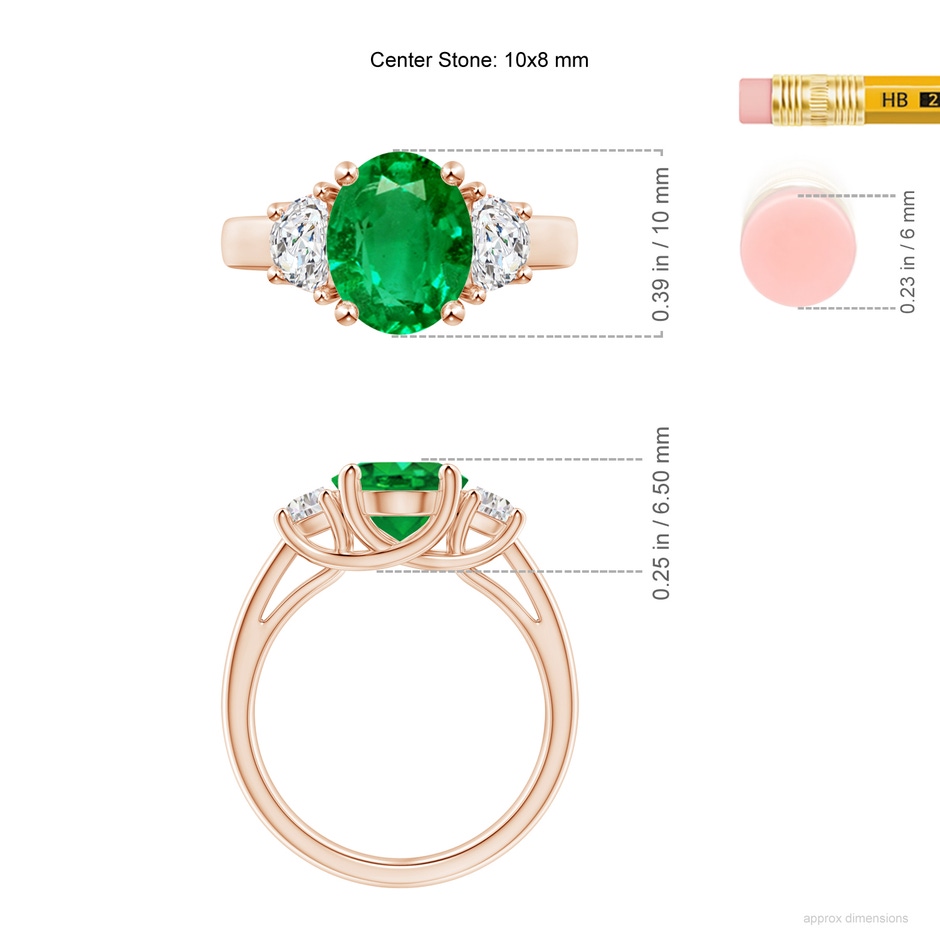 10x8mm AAA Three Stone Oval Emerald and Half Moon Diamond Ring in Rose Gold ruler