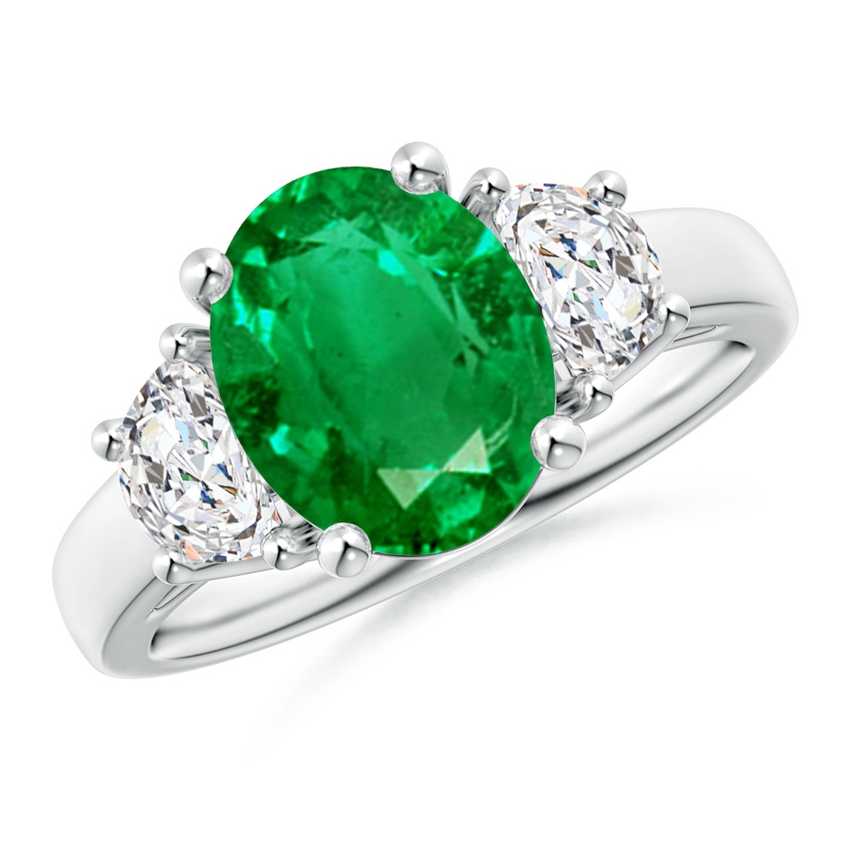 10x8mm AAA Three Stone Oval Emerald and Half Moon Diamond Ring in White Gold 