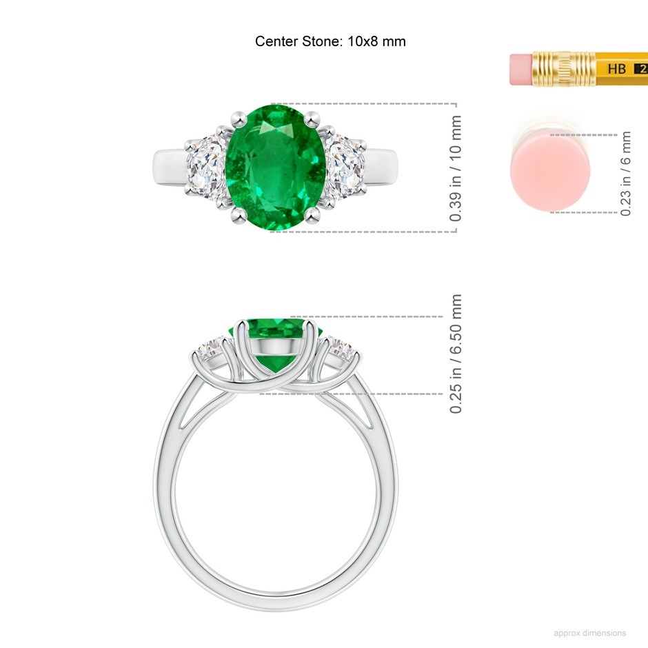 10x8mm AAA Three Stone Oval Emerald and Half Moon Diamond Ring in White Gold ruler