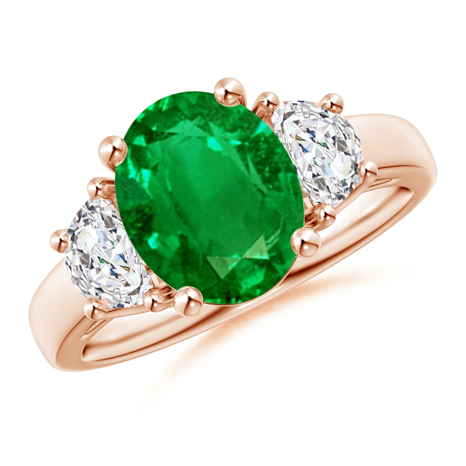 10x8mm AAAA Three Stone Oval Emerald and Half Moon Diamond Ring in 9K Rose Gold 
