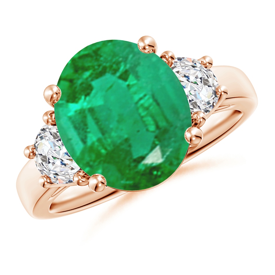 12x10mm AA Three Stone Oval Emerald and Half Moon Diamond Ring in Rose Gold 