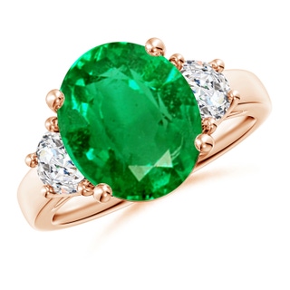 12x10mm AAA Three Stone Oval Emerald and Half Moon Diamond Ring in 10K Rose Gold