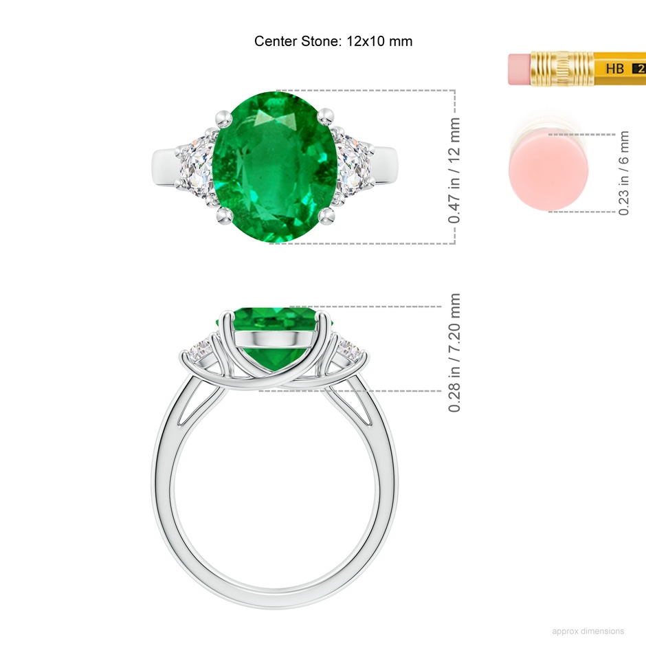 12x10mm AAA Three Stone Oval Emerald and Half Moon Diamond Ring in P950 Platinum ruler