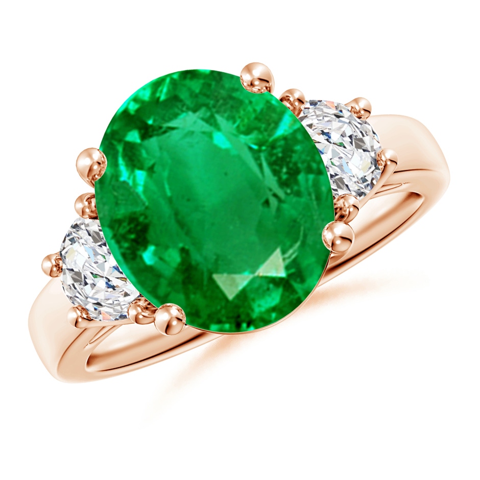 12x10mm AAA Three Stone Oval Emerald and Half Moon Diamond Ring in Rose Gold 