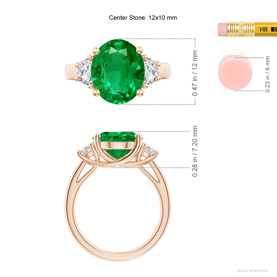 12x10mm AAA Three Stone Oval Emerald and Half Moon Diamond Ring in Rose Gold ruler
