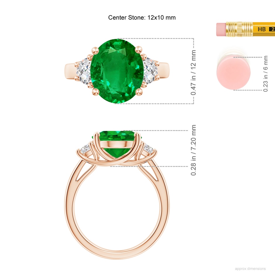 12x10mm AAAA Three Stone Oval Emerald and Half Moon Diamond Ring in Rose Gold ruler