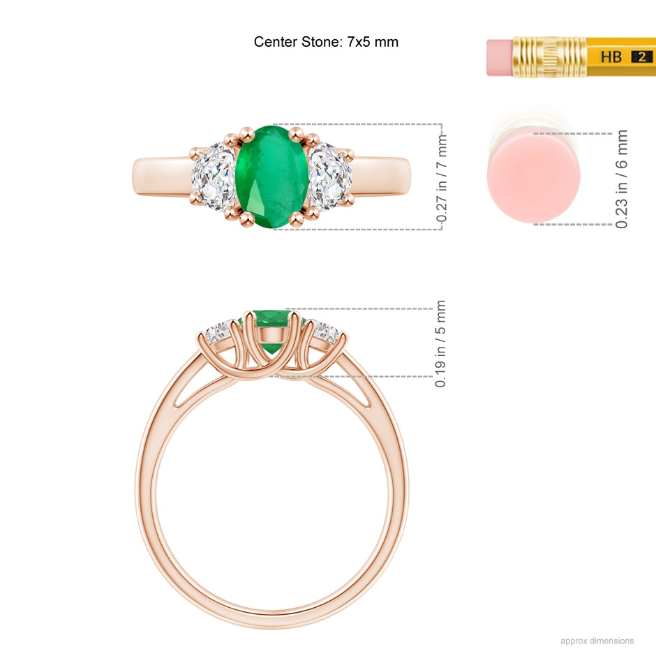 7x5mm A Three Stone Oval Emerald and Half Moon Diamond Ring in Rose Gold ruler