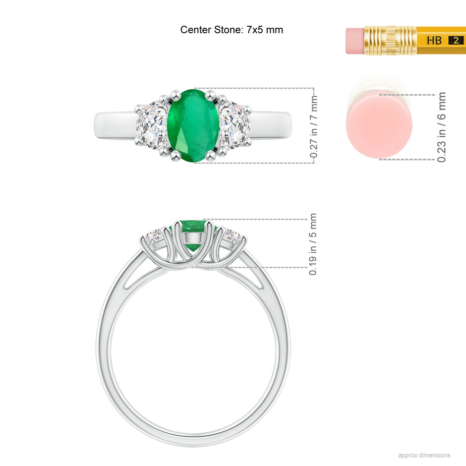 7x5mm A Three Stone Oval Emerald and Half Moon Diamond Ring in White Gold ruler