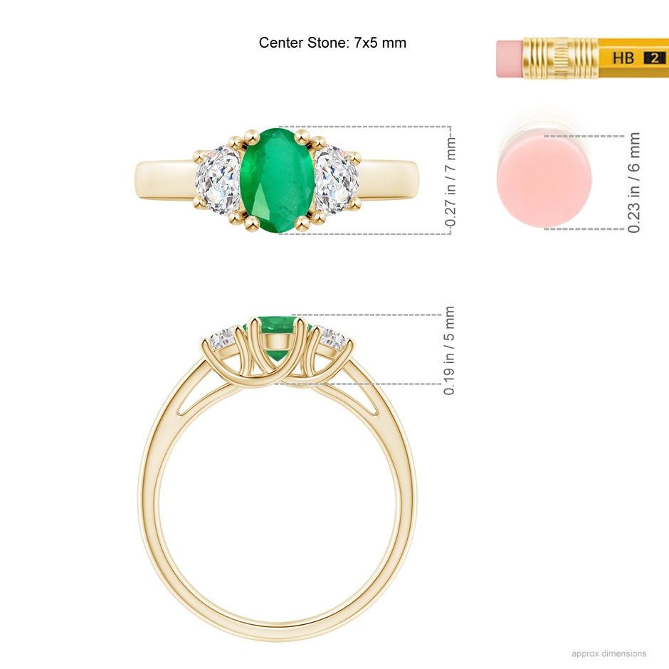 7x5mm A Three Stone Oval Emerald and Half Moon Diamond Ring in Yellow Gold ruler