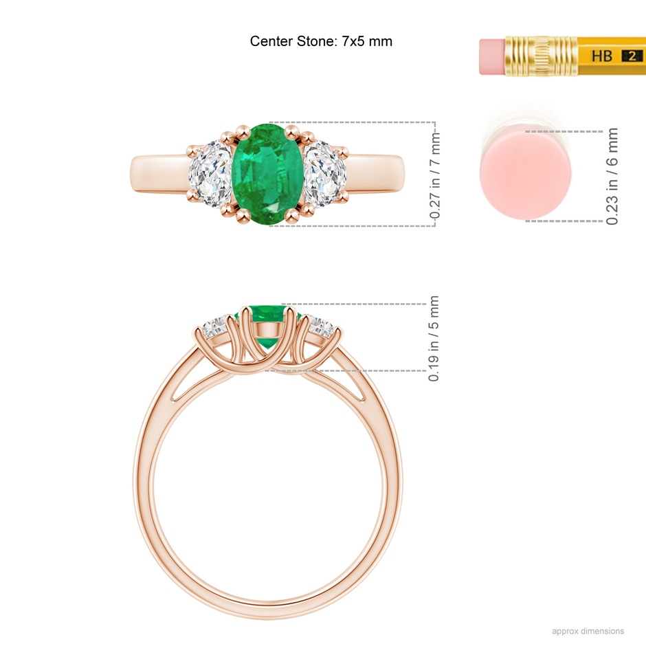 7x5mm AA Three Stone Oval Emerald and Half Moon Diamond Ring in Rose Gold ruler