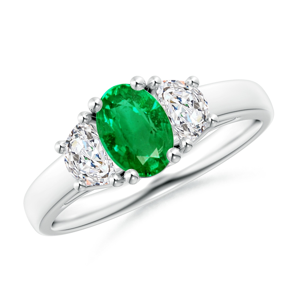 7x5mm AAA Three Stone Oval Emerald and Half Moon Diamond Ring in White Gold