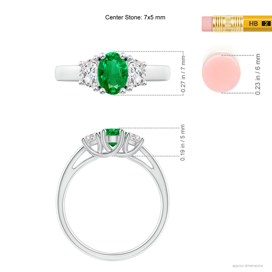 7x5mm AAA Three Stone Oval Emerald and Half Moon Diamond Ring in White Gold ruler