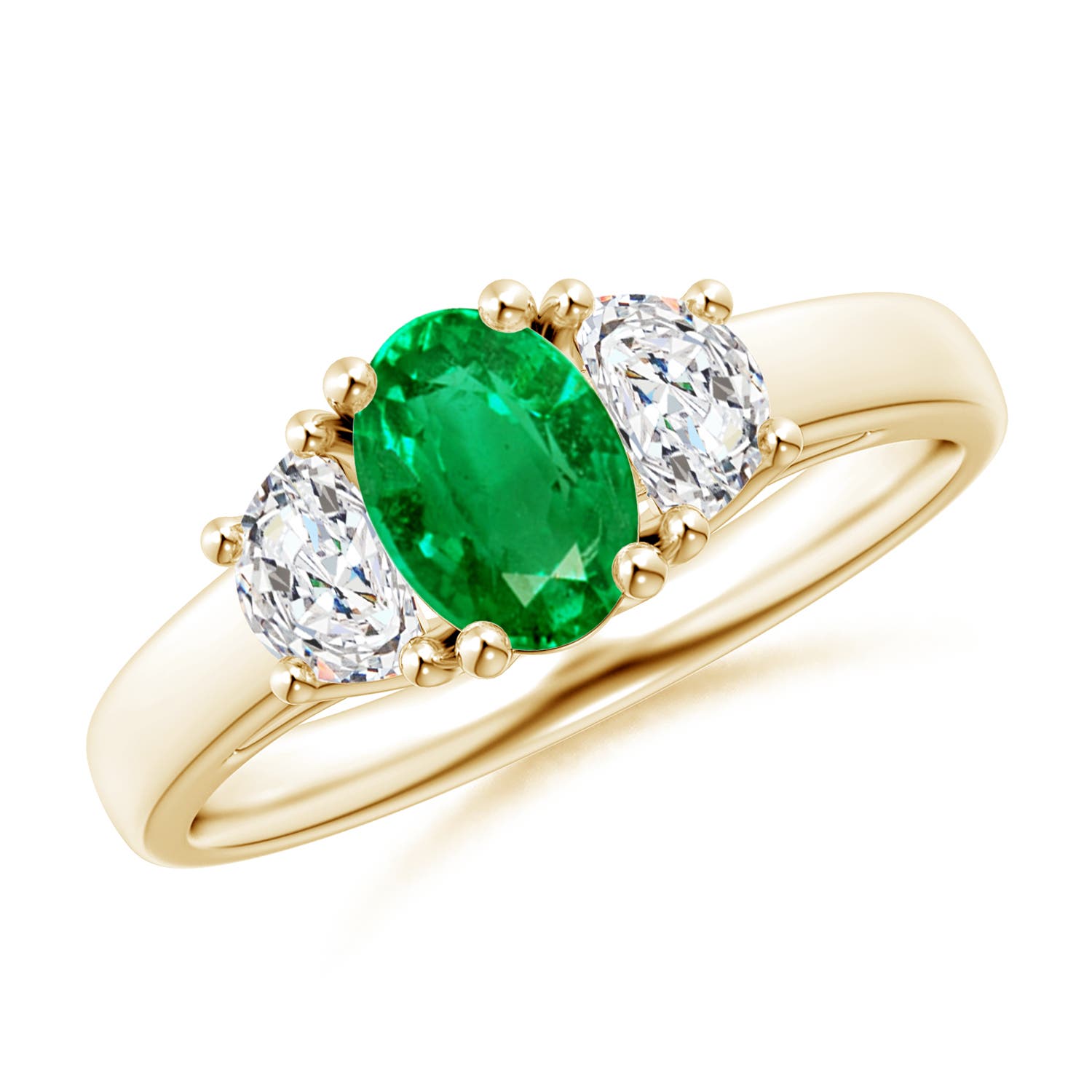 Three Stone Oval Emerald and Half Moon Diamond Ring