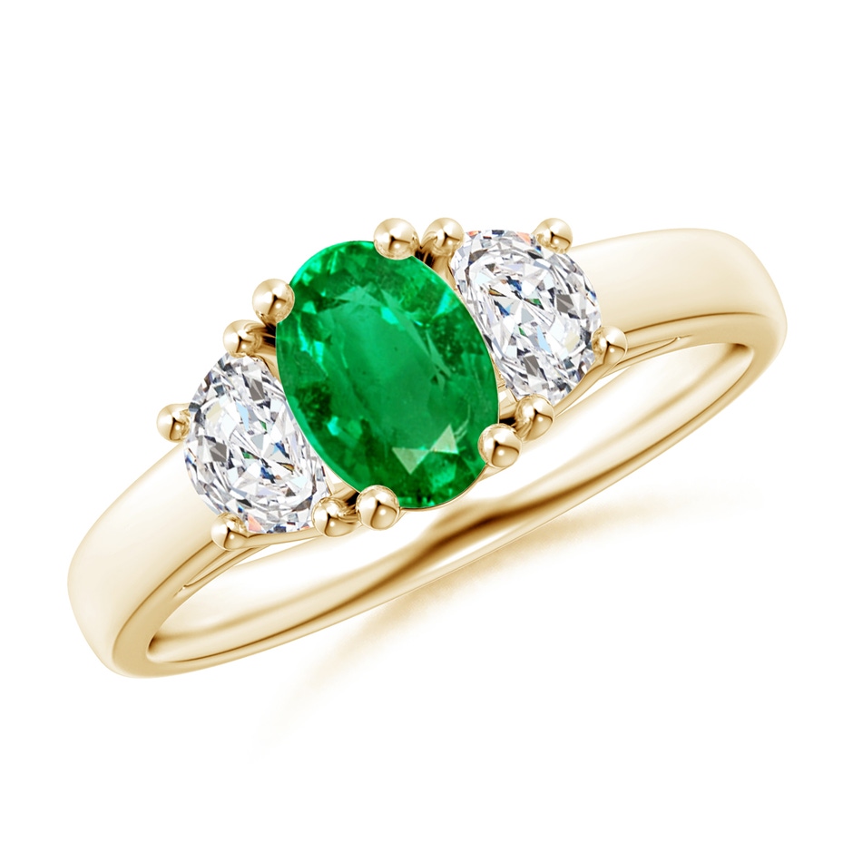 7x5mm AAA Three Stone Oval Emerald and Half Moon Diamond Ring in Yellow Gold 