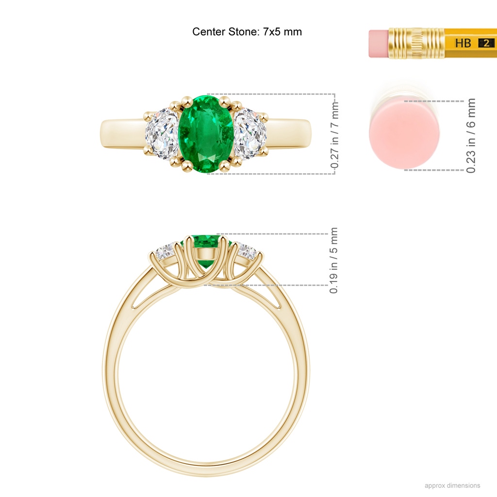 7x5mm AAA Three Stone Oval Emerald and Half Moon Diamond Ring in Yellow Gold ruler