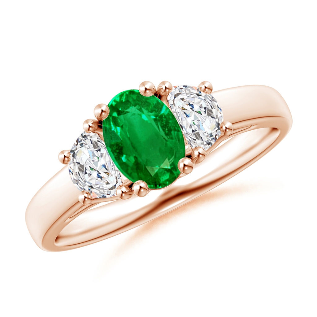 7x5mm AAAA Three Stone Oval Emerald and Half Moon Diamond Ring in Rose Gold