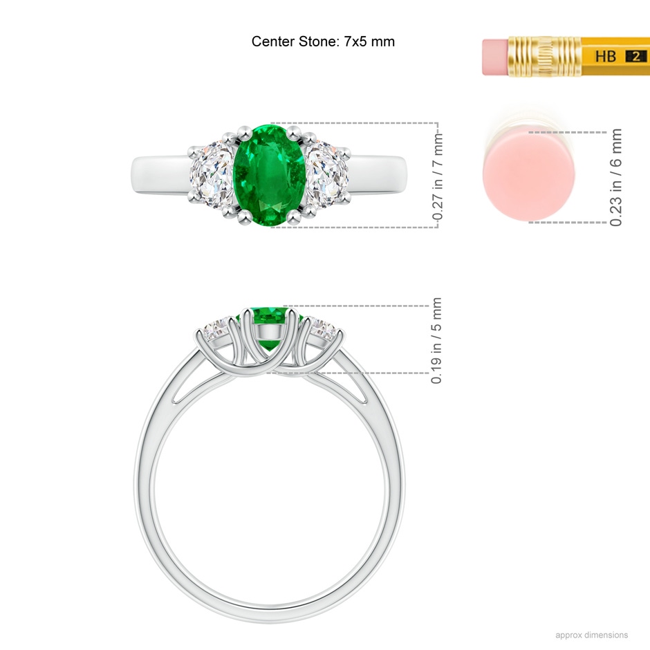 7x5mm AAAA Three Stone Oval Emerald and Half Moon Diamond Ring in White Gold ruler