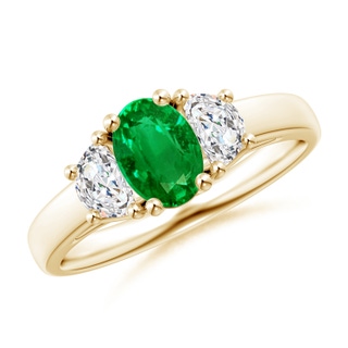 7x5mm AAAA Three Stone Oval Emerald and Half Moon Diamond Ring in Yellow Gold