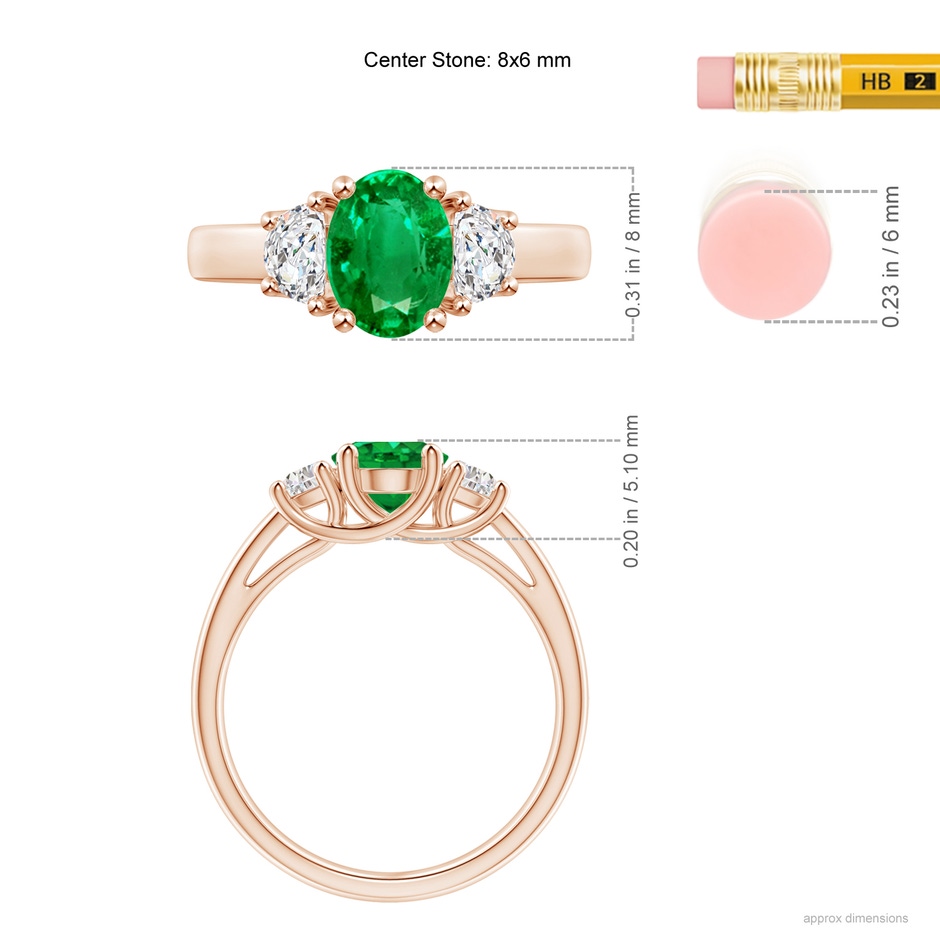 8x6mm AAA Three Stone Oval Emerald and Half Moon Diamond Ring in Rose Gold ruler