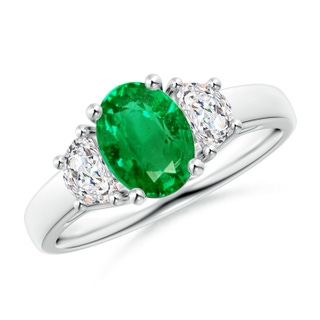 8x6mm AAA Three Stone Oval Emerald and Half Moon Diamond Ring in White Gold