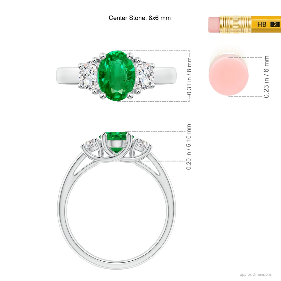 8x6mm AAA Three Stone Oval Emerald and Half Moon Diamond Ring in White Gold ruler