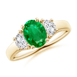 8x6mm AAA Three Stone Oval Emerald and Half Moon Diamond Ring in Yellow Gold