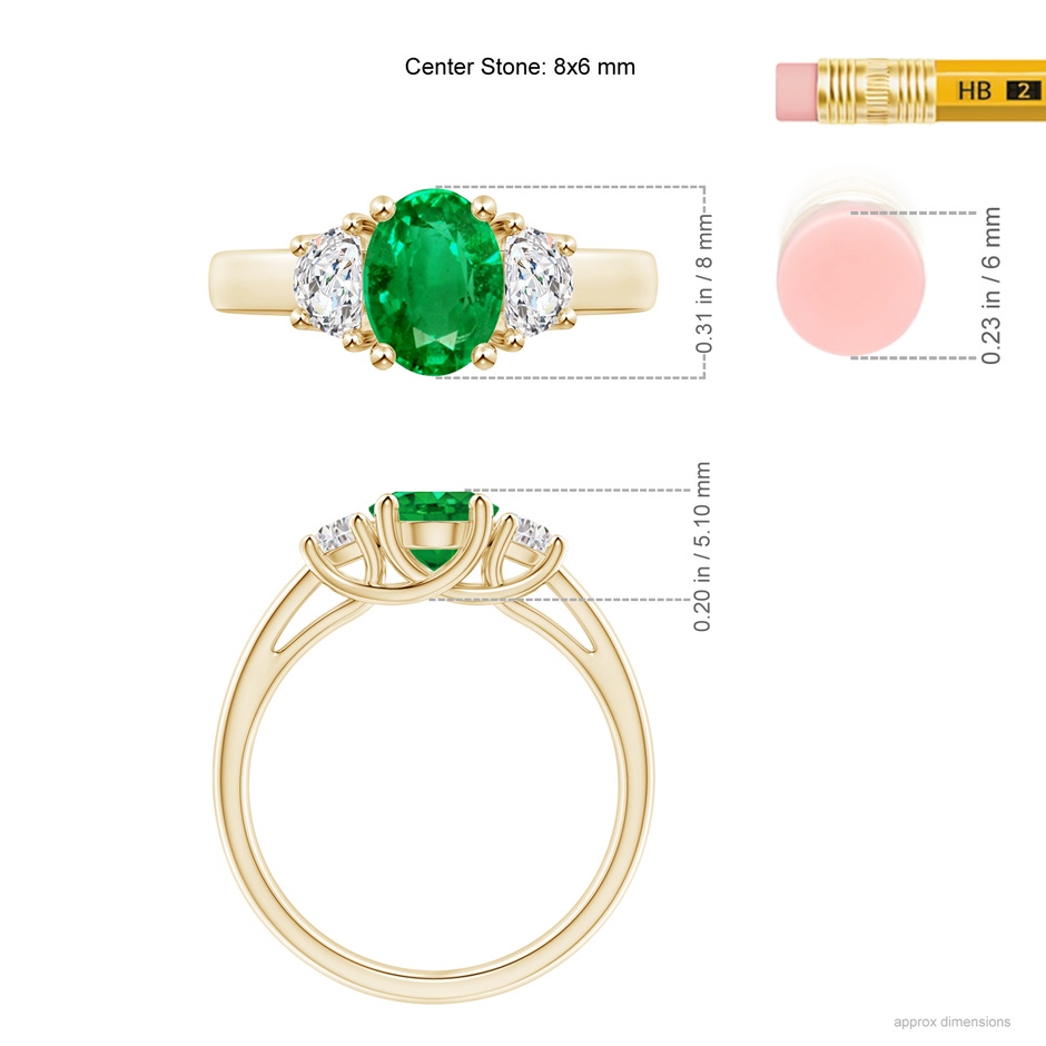 8x6mm AAA Three Stone Oval Emerald and Half Moon Diamond Ring in Yellow Gold ruler