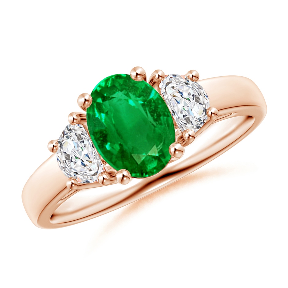 8x6mm AAAA Three Stone Oval Emerald and Half Moon Diamond Ring in Rose Gold 