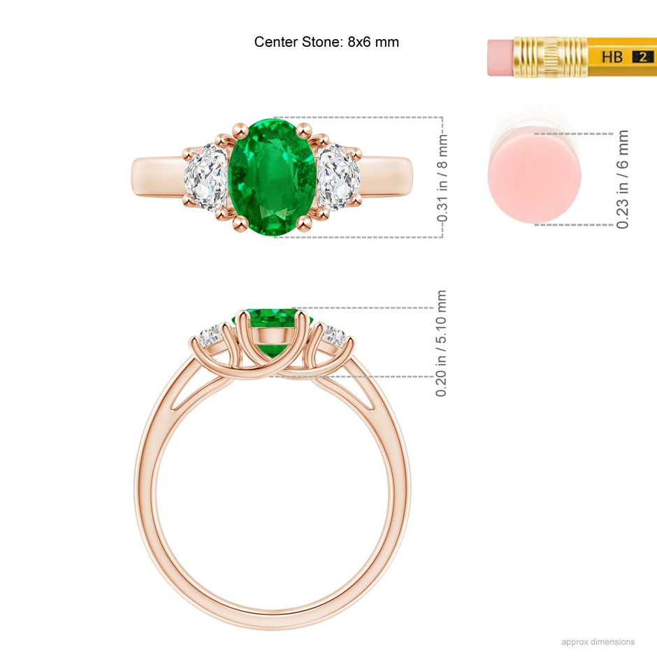 8x6mm AAAA Three Stone Oval Emerald and Half Moon Diamond Ring in Rose Gold ruler