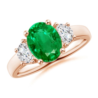 9x7mm AAA Three Stone Oval Emerald and Half Moon Diamond Ring in Rose Gold
