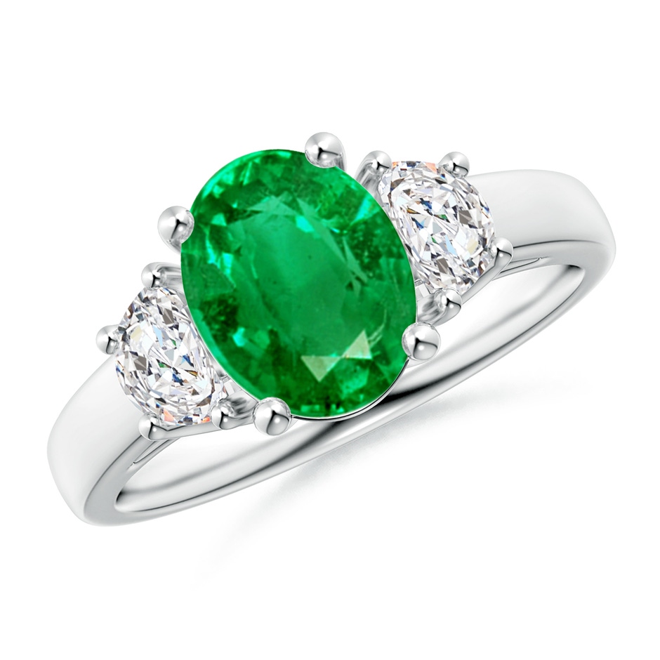 9x7mm AAA Three Stone Oval Emerald and Half Moon Diamond Ring in White Gold 